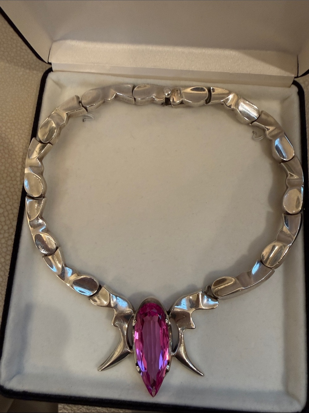 Taxco 216 grams Sterling Silver Scarab Necklace with Lab grown Pink Sapphire